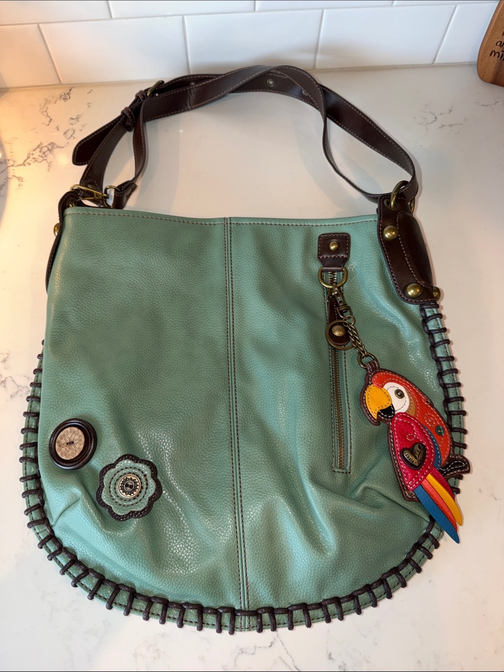 Chala Teal Leather Shoulder Bag with Parrot Charm